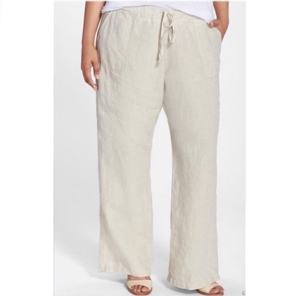Allen Allen Wide Leg Linen Drawstring Tan Pants - Picture 1 of 12